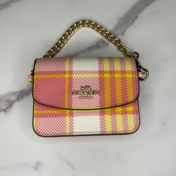 Coach Handbags - Coach Gold Chain Mini Golden Poppy Plaid Purse Wallet Pink  Yellow Neutral Bag